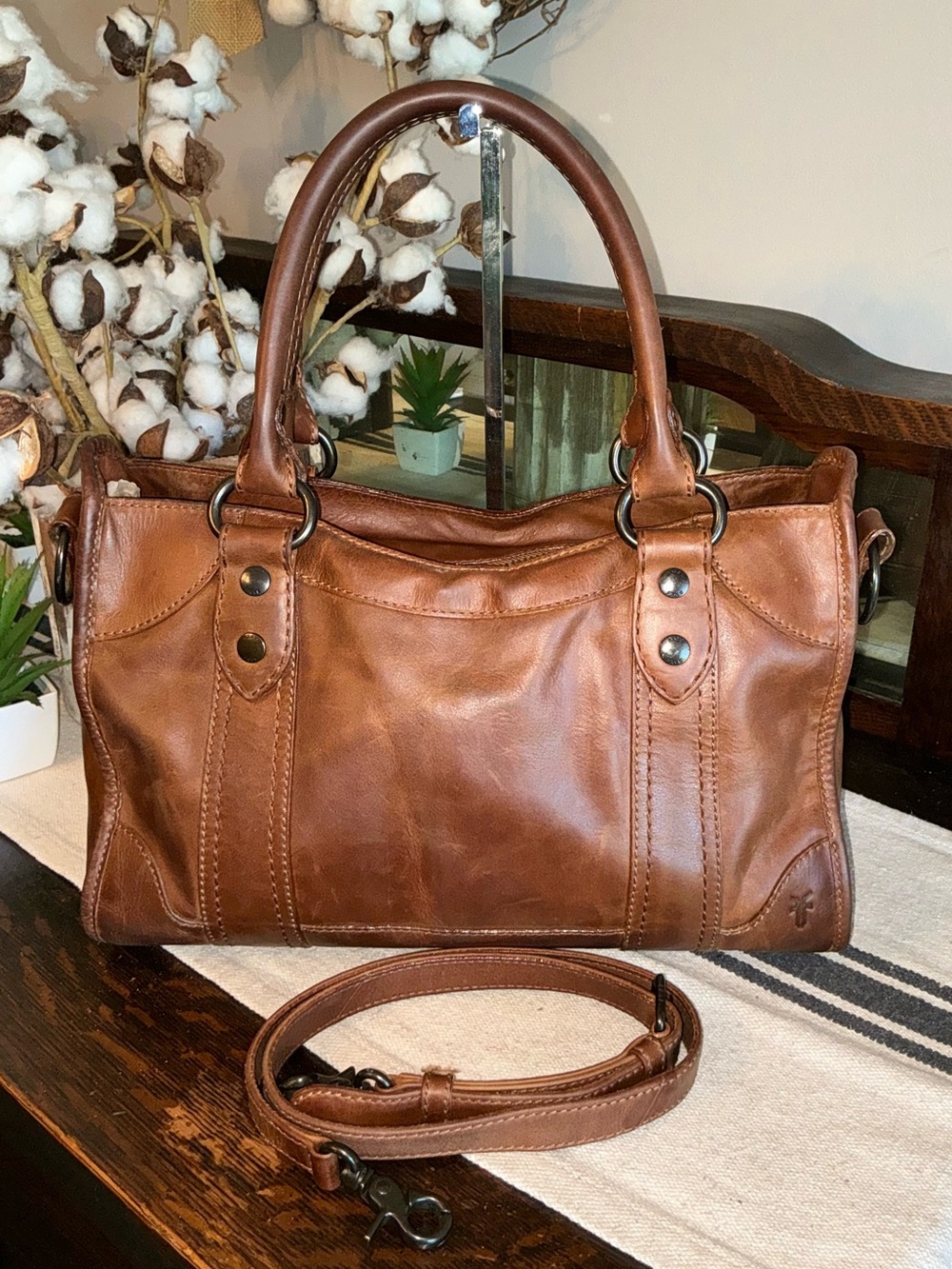 Frye Melissa Leather Cognac Brown Satchel Handbag Crossbody Bag Retail $388